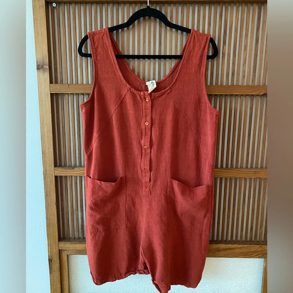 Eve Gravel Linen Shorts Romper in Clay - Picture 3 of 14